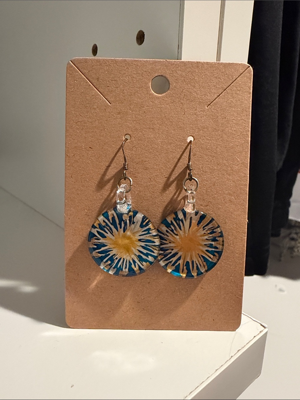 Handmade Blue and Yellow Resin Sunburst Dangle Earrings